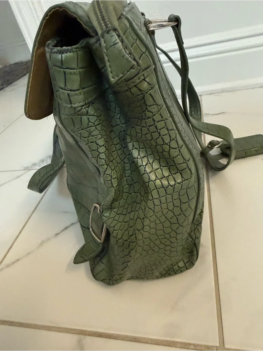 Diane Von Furstenberg Olive Green Croc-Embossed Shoulder Bag